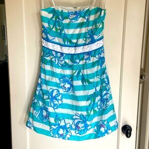 Lilly Pulitzer Langley Floral Striped Silk Blend Strapless Mini Dress Size 10